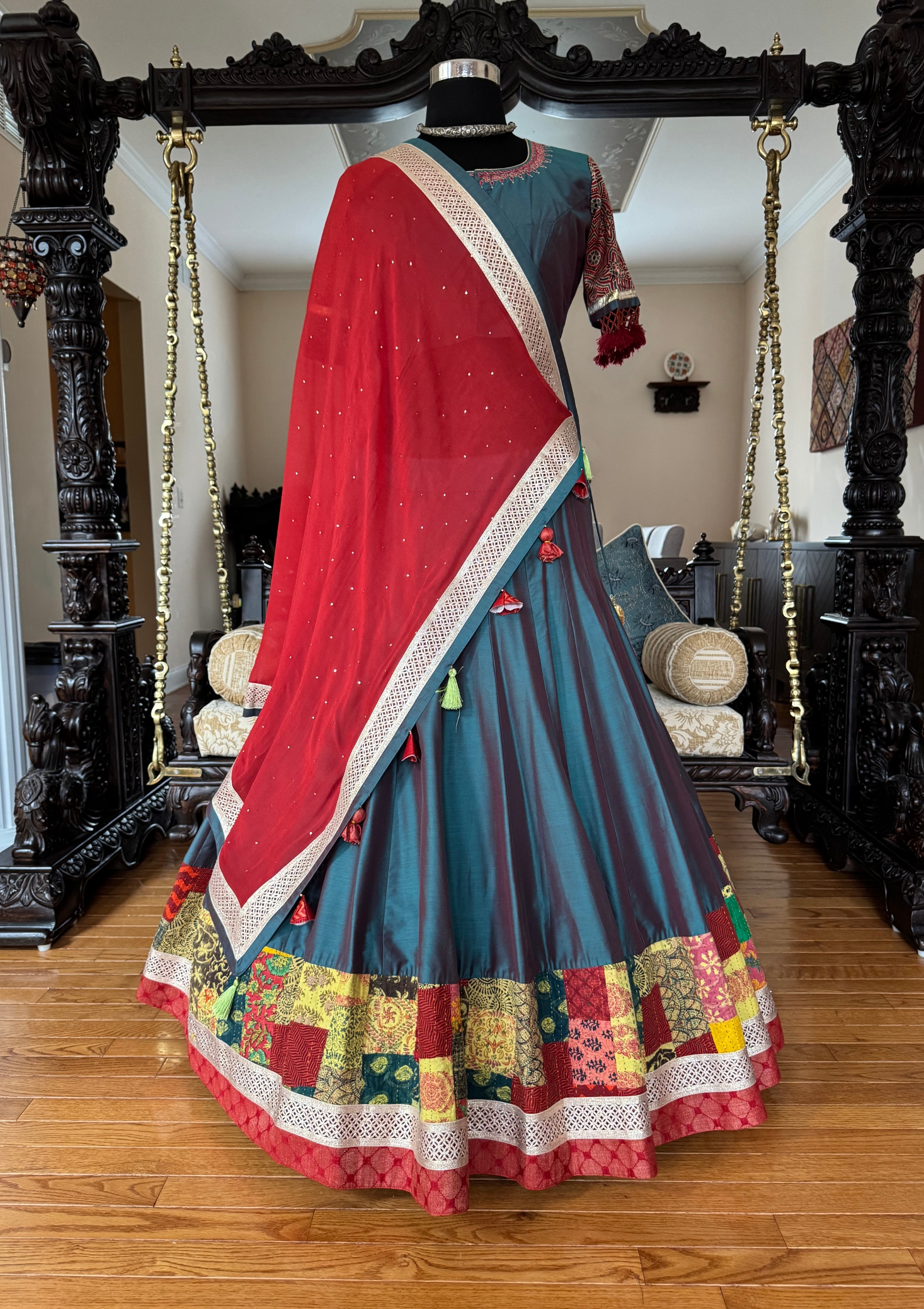 Teal Silk Chaniya Multicolor Border